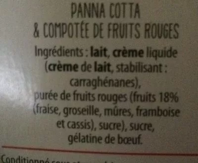 Lista de ingredientes del producto Panna cotta aux fruits rouges Sobreval 