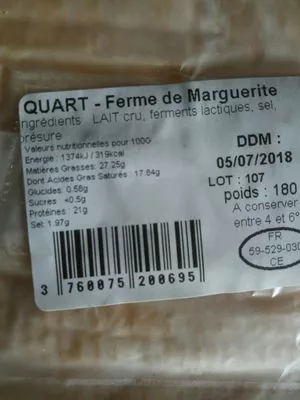 Lista de ingredientes del producto Maroilles Fermier Ferme de Marguerite 180g