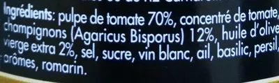 Lista de ingredientes del producto Sauce tomate à l'huile d'olive Champignons Florelli 290 g