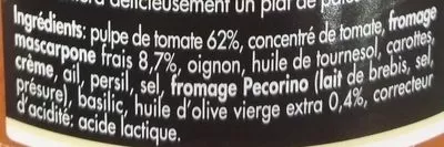 Lista de ingredientes del producto Sauce Tomate à l'Huile d'Olive au Mascarpone Florelli, Ital Passion 290 g e