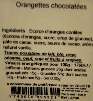 Lista de ingredientes del producto Orangettes Comptoir Du Cacao 