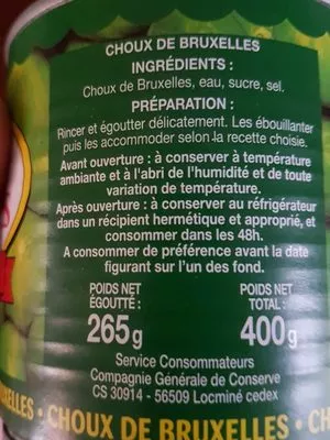 Lista de ingredientes del producto Choux De Bruxelles Compagnie Generale De Conserve 