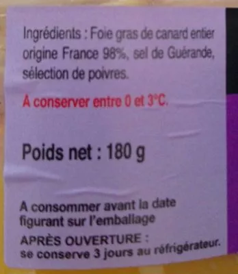 Lista de ingredientes del producto Foie gras de canard entier Michel Monteil 180 g