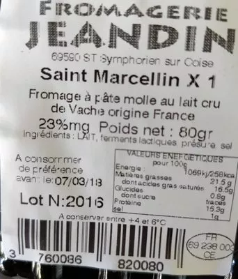 Lista de ingredientes del producto Saint-Marcellin Fromagerie jeandin 80g