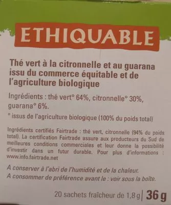 Lista de ingredientes del producto Thé tonique - Thé vert citronnelle guarana Ethiquable 20 sachets