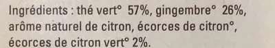 Lista de ingredientes del producto Thé vert gingembre citron vert Ethiquable 36 g, 20 sachets de 1.8 g