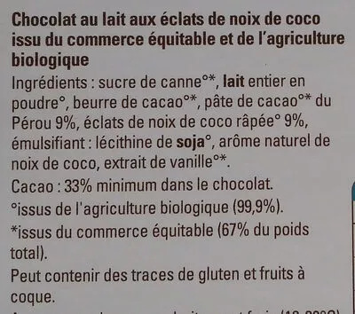 Lista de ingredientes del producto Chocolat lait noix de coco Ethiquable 100 g