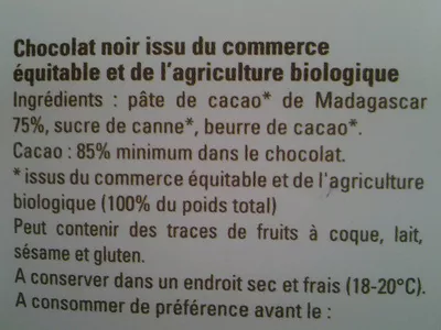 Lista de ingredientes del producto Chocolat noir 85% Madagascar Ethiquable 100 g