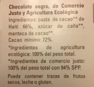 Lista de ingredientes del producto Chocolate negro Haití 72% cacao Ethiquable 100 g