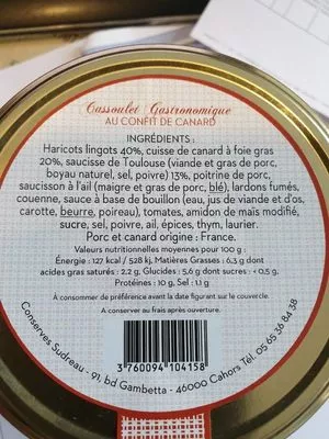 Lista de ingredientes del producto Cassoulet gastronomique au confit de canard Sudreau 