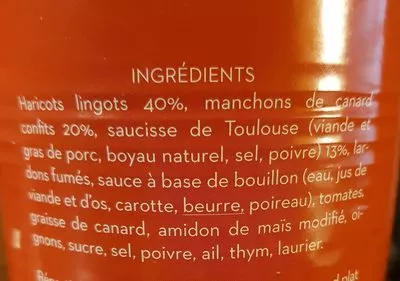 Lista de ingredientes del producto Cassoulet aux manchons de canard Sudreau 