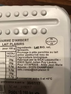 Lista de ingredientes del producto Fourme d'Ambert Lait plaisirs 150 g