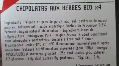 Lista de ingredientes del producto Chipolatas Aux Herbes X4 240G Bonval 