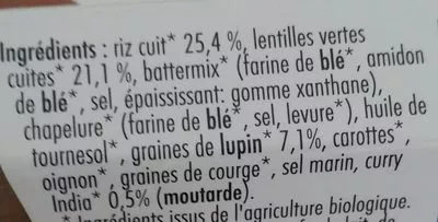 Lista de ingredientes del producto Panés de lentilles vertes et curry Pronatura 180g