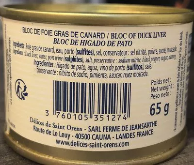 Lista de ingredientes del producto Bloque de foie gras de canard Les Delices Saint Orens 