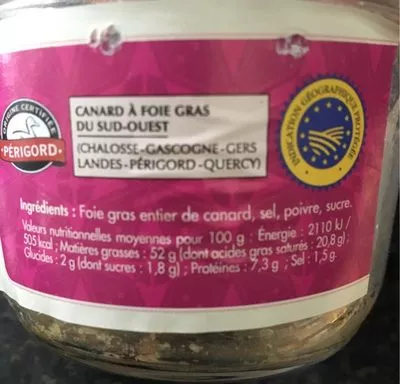 Lista de ingredientes del producto Fois gras de canard entier du Périgord Conserverie du Manoire 190 g