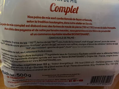 Lista de ingredientes del producto Pain de mie complet 500 g Bio Belledonne 500 g