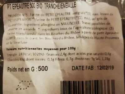 Lista de ingredientes del producto Pain Petit Epeautre 500G Moule Tranche Belledonne 500 g