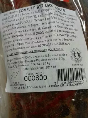 Lista de ingredientes del producto Pain complet T110 moulé 850g - tranché Belledonne 850 g