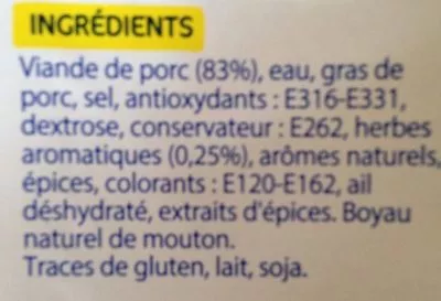 Lista de ingredientes del producto 6 chipolatas aux herbes Eco+ 330 g