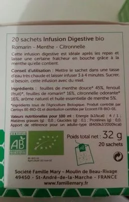 Lista de ingredientes del producto Infusion digestive bio Famille Mary 