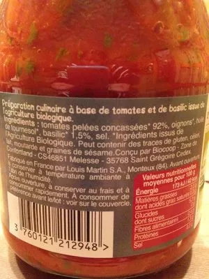 Lista de ingredientes del producto Chair de tomates au basilic Biocoop 400 g