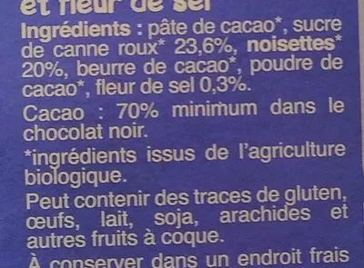 Lista de ingredientes del producto Chocolat 70% Noisettes & fleur de sel Biocoop 180g