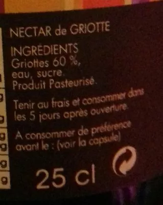 Lista de ingredientes del producto Nectar Griotte Saveurs des Terroirs 25 cl