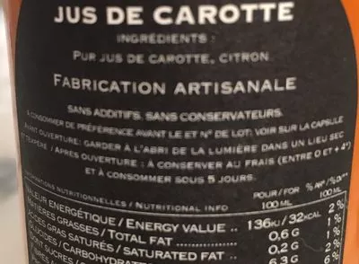 Lista de ingredientes del producto Jus de carotte Atelier Patrick Font 