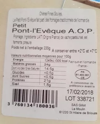 Lista de ingredientes del producto Petit Pont-l'Evêque AOP Fromagerie MAITRE PENNEC 220 g