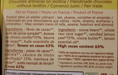 Lista de ingredientes del producto Chocolate Negro Limon Saldac 