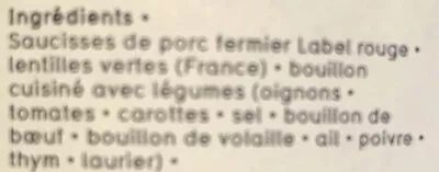 Lista de ingredientes del producto Saucisses aux lentilles Maison Argaud 740 g