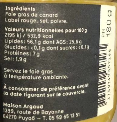 Lista de ingredientes del producto Foie gras de canard  180 g