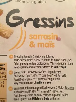 Lista de ingredientes del producto Gressins sarrasin & maïs bio AGLINA 100 g