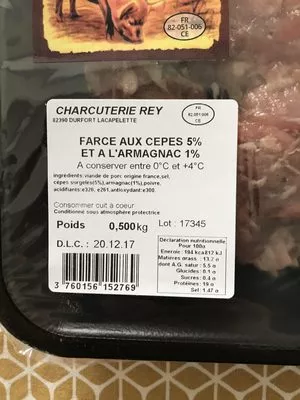 Lista de ingredientes del producto Farce aux cèpes et armagnac Charcuterie REY 