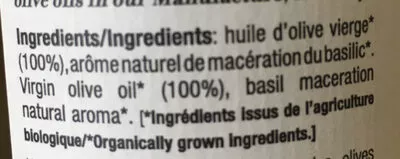 Lista de ingredientes del producto Préparation à base d’huile d’olive et basilic Aix&terra 200ml