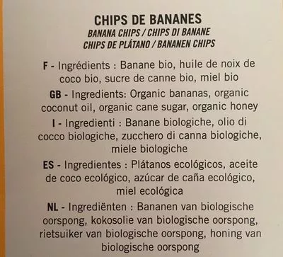 Lista de ingredientes del producto Chips de bananes Délice D’énergie 