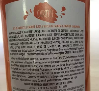 Lista de ingredientes del producto Tres pressés carotte Tres pressés 74 cl