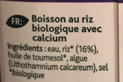 Lista de ingredientes del producto Boisson au riz Bio Calcium Source Végétale 