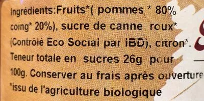 Lista de ingredientes del producto Compote de pomme coing Saveurs du Vercors 