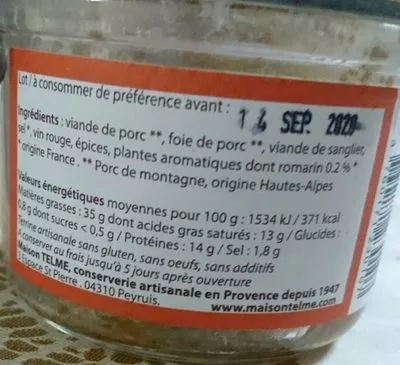 Lista de ingredientes del producto La Terrine de Sanglier au romarin depuis 1947  