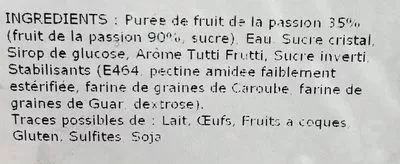 Lista de ingredientes del producto Sorbet Fruit de la Passion Les Glaces de Jean Louis 450 g (750 ml)