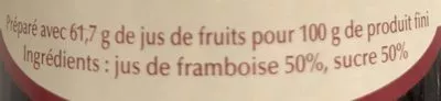 Lista de ingredientes del producto Gelée de Framboise Carmel Du Havre 370g