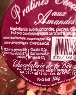 Lista de ingredientes del producto Pralines concassés aux amandes Chocolaterie de la Citadelle 300