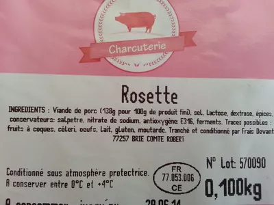 Lista de ingredientes del producto Charcuterie Rosette Sans marque 100 g