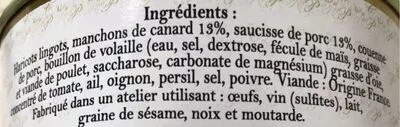 Lista de ingredientes del producto Cassoulet aux manchons de canard confits Cellier Sarlat 760 g