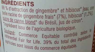 Lista de ingredientes del producto Boisson non gazeuse à base de Gingembre Hibiscus Karma kombucha, Karma Botanik 500 ml