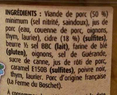 Lista de ingredientes del producto Confit de porc au cidre La ferme du bouchet 