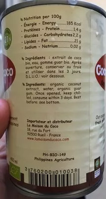 Lista de ingredientes del producto Crème de coco La maison du coco 400 ml