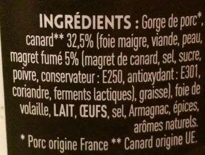 Lista de ingredientes del producto Terrine de canard au magret fumé Carré d'Éden 180 g e